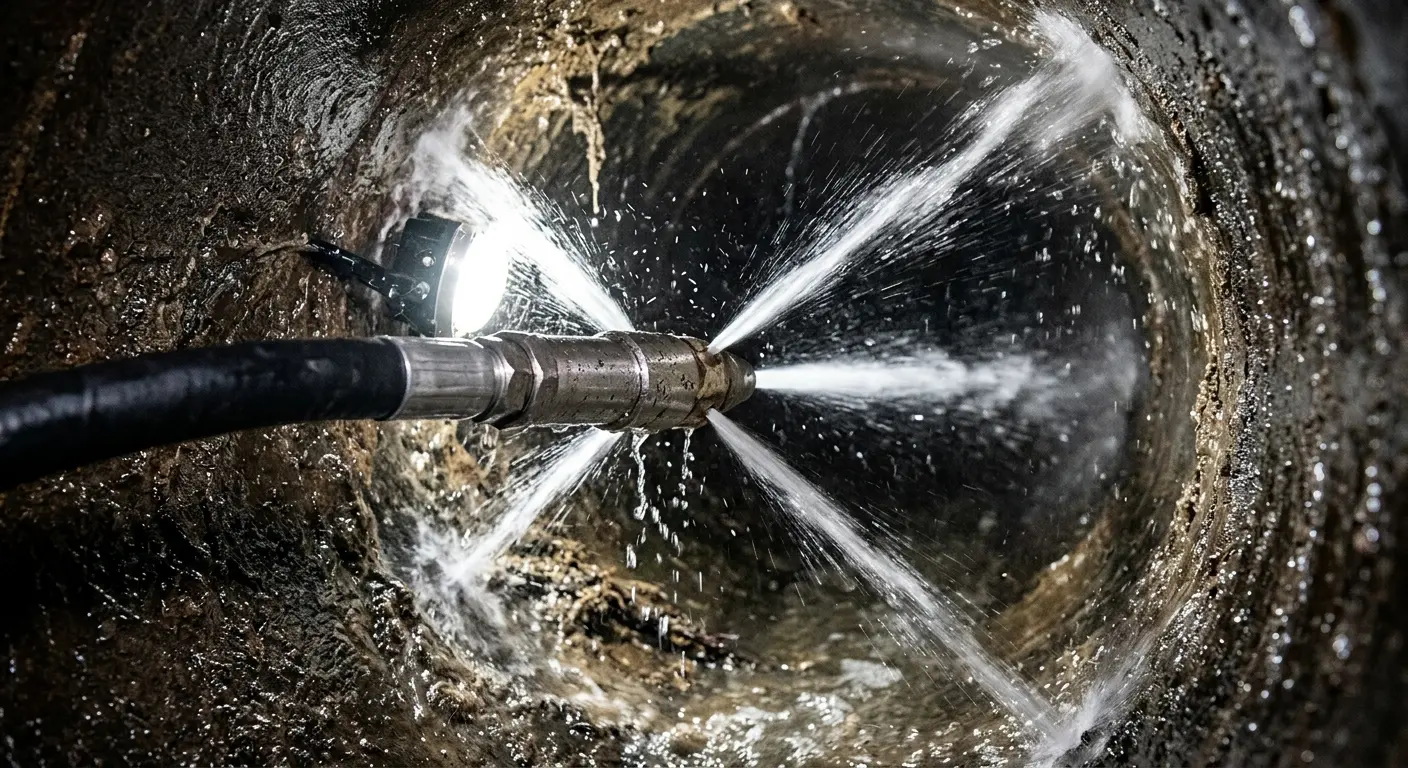 High-pressure hydro jetting nozzle cleaning sewer pipe for Emergency Drain Service in Kennett