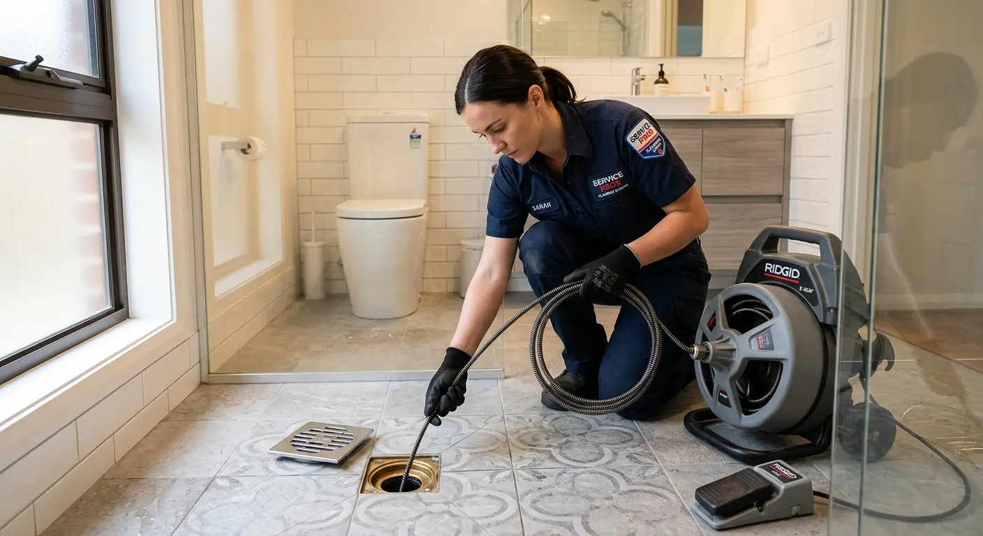 Technician clearing a bathroom floor drain for Clogged Drain Repair in Kennett
